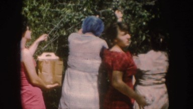 1954: four women harvesting snacks and are camera shy SOUTH DAKOTA