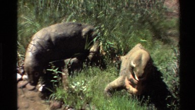 1980: vintage footage of dinosaur props in the grass WESTERN USA