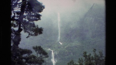 1982: Very Tall Waterfalls in the Background of a Lush Forest New Zealand