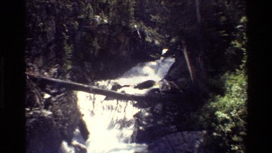 1980: a log forms a bridge between two short cliffs over a river GRAND TETON
