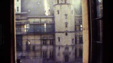 1982: looking out the window up at a tall, white tower DENMARK
