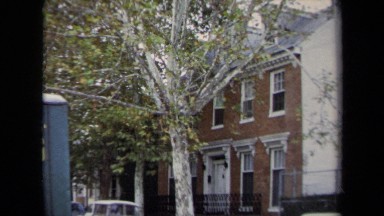 1970: Tree Grows in Front of Brick House with Terrace and Black Metal Railing