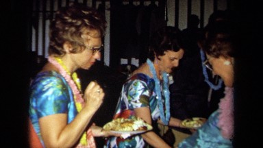 1971: traditionally dressed ladies enjoying their meal together CALIFORNIA
