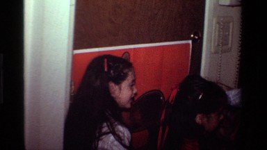 1981: group of kids playing pin the tail on the donkey CALIFORNIA