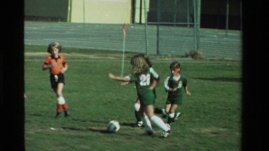 1981: two girls soccer teams playing in a match. CALIFORNIA