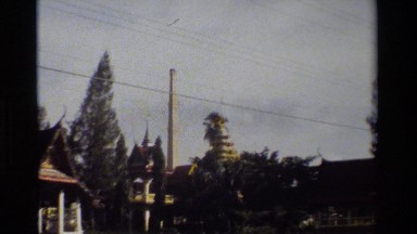 1984: palm trees and homes and towers; view from a boat of a shoreline