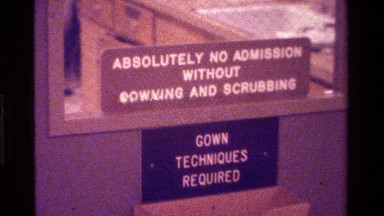 1975: video of a hospital sign and room with beds CALIFORNIA