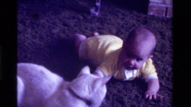 1975: a baby played in home with cat and toys with happiness CALIFORNIA