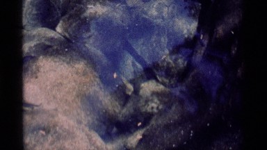 1975: photo through water to trout swimming in a creek with rock adjacent