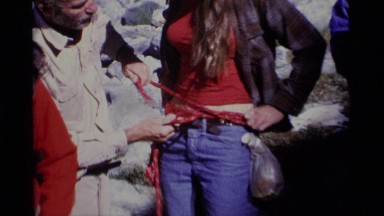 1975: A Woman Tied for Bungee Jumping in Minaret Wilderness California