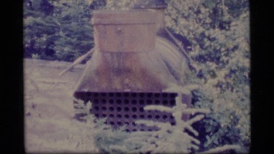 1977: backpackers hiking through a grove of saplings; photo of an iron item