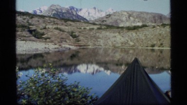 1977: tent in foreground, then lake, hills, and peaks behind GLACIER BAY ALASKA
