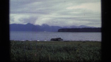 1977: a boat is moving in the river with lots of birds flying over river GLACIER