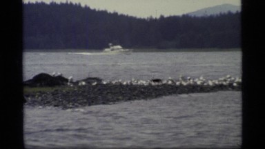 1977: a motorized boat makes its way across choppy waters GLACIER BAY ALASKA