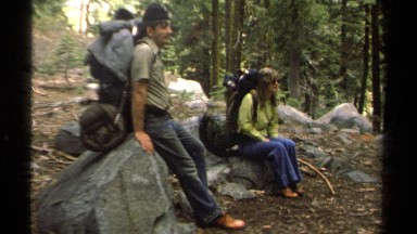 1978: people sit outside in the middle of the forest LAKE TAHOE CALIFORNIA