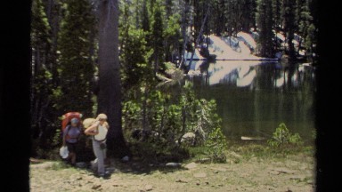 1978: hikers making their way through a dense forest LAKE TAHOE CALIFORNIA