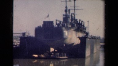 1946: picture of impressive and huge military ship starting to move NETHERLANDS