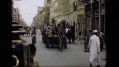 1946: people roaming on street with camel and horse chariot alongside building's