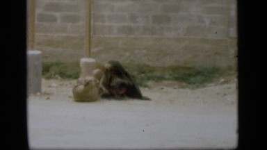 1946: person covered by blanket or coat picks through dirt and sand along