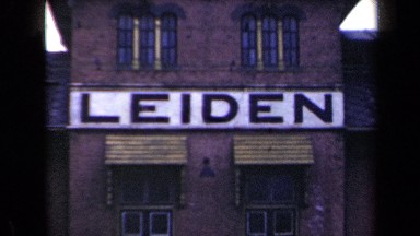 1946: board of sign leiden that represents hotel or industry. NETHERLANDS