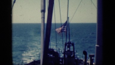 1946: ship moving through calm deep blue sea on sunny day EGYPT