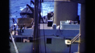1946: beautiful view of ships bridge front and mast while ship is making way