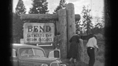 1937: vintage clip of elderly group of people visiting bend gateway to oregon