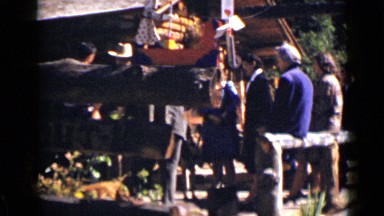 1939: people gather at decorative pavilion outdoors in sunshine COLORADO
