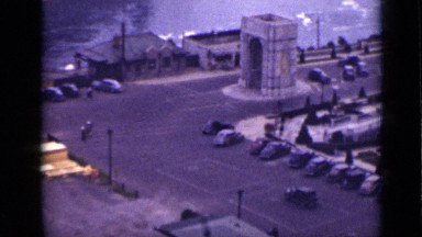 1940: model t arrives in parking lot overlooking niagara falls. CANADA