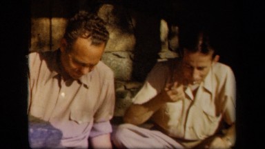 1943: the two man were eating with help of spoon SKYLINE DRIVE VIRGINIA
