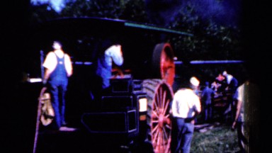 1959: men operating old-fashioned sawmill in woods. IOWA