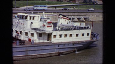 1971: Large Double-Decker Boat Moving Along Man-Made River Near Freeway Moscow Russia