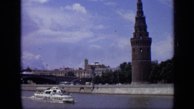 1971: the white ship is moving fastly on riverside of city MOSCOW RUSSIA