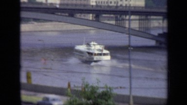 1971: view of boat in city traveling on water. MOSCOW RUSSIA