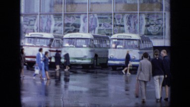 1971: some people admiring and trying bus flotilla in exhibition MOSCOW RUSSIA