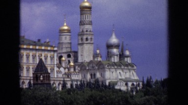 1971: beautiful building with silver and gold dome points at top. MOSCOW RUSSIA