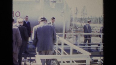 1971: officials walking along bridge of structure constructed on sand MOSCOW