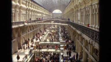 1971: People Walking in Busy Three Story Mall-Type Area, Moscow Russia