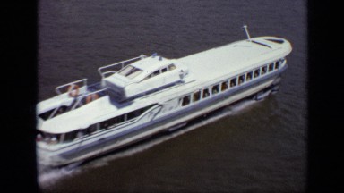 1971: ship is moving in lake speed during morning MOSCOW RUSSIA
