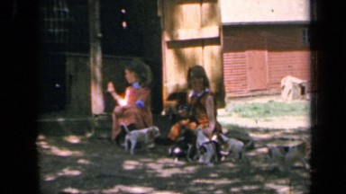 1964: two children kneeling on ground playing with large group of puppies KANSAS