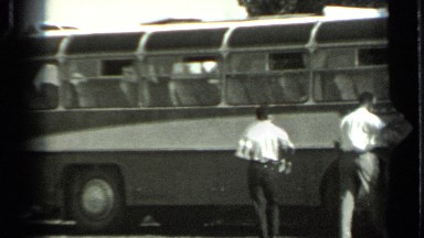 1963: bus is stop to taking passengers at morning time RUSSIA