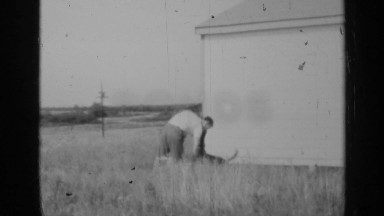 1947: man pumping for taking water in a bucket with dog in his side near a house