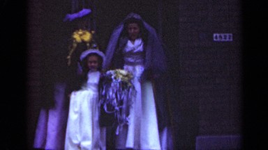 1947: the wedding girl walking with stick with help of small girl ILLINOIS