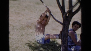 1951: boy playing on tree, hanging and swinging from the branches. NEW YORK