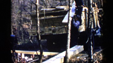 1957: men working very hard in the forest with a row of wooden boards BIRMINGHAM