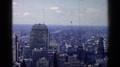 1957: the skyline of a huge city with its buildings as viewed from a helicopter