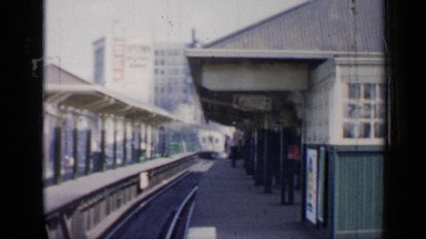 1958: a panoramic view of an electric and modern train station downtown CHICAGO