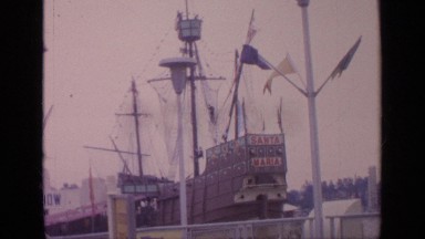 1964: docked wooden ship is amusement replica for discovery of america