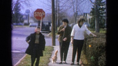 1965: a group of four women friends and a child taking a morning walk