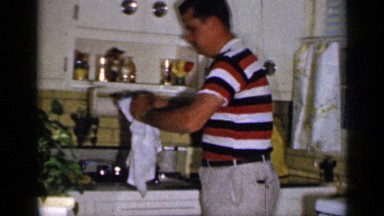 1965: the handsome men cleaning the kitchen neatly and fastly LONG ISLAND